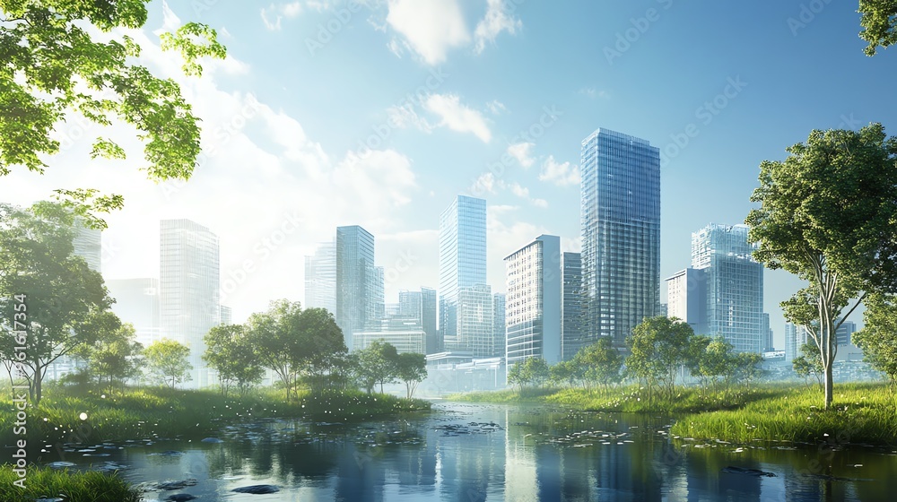 A vibrant cityscape featuring modern buildings, lush greenery, and a serene water reflection under a bright sky. A vibrant cityscape featuring modern buildings, lush greenery, and a serene water reflection under a bright sky.