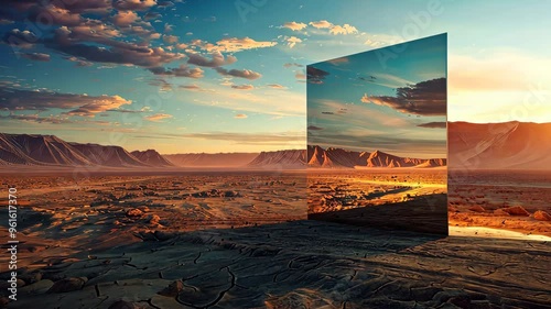 Desert landscape with reflective mirror at sunset, surreal art concept