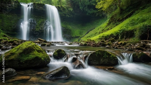 Waterfalls in verdant landscape