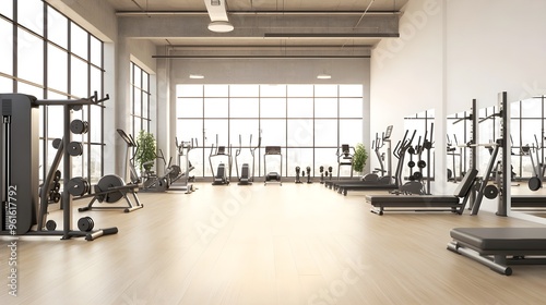 A spacious gym interior with modern workout equipment on a white background, emphasizing the clean and organized environment