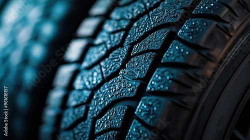 A close-up picture of a clean car tire tread under blue light, highlighting the detailed texture and modern design. This image represents endurance, strength, and precision. photo