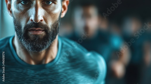 A focused athlete captured in mid-run during a high-energy workout session, showcasing strength, determination, and the intensity of physical fitness amidst blurred backgrounds.