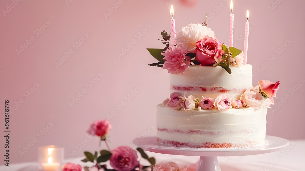 A three-tiered birthday cake adorned with fresh flowers and candles, set on a simple table with a soft color backdrop A three-tiered birthday cake adorned with fresh flowers and candles, set on a simple table with a soft color backdrop