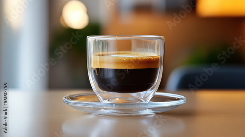 Espresso in a modern glass cup, showing the layers of crema, with a sleek saucer.