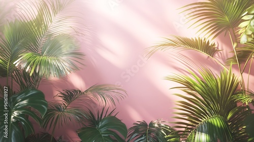 Tropical palm leaves on pastel pink background. Summer concept. Flat lay, top view, copy space