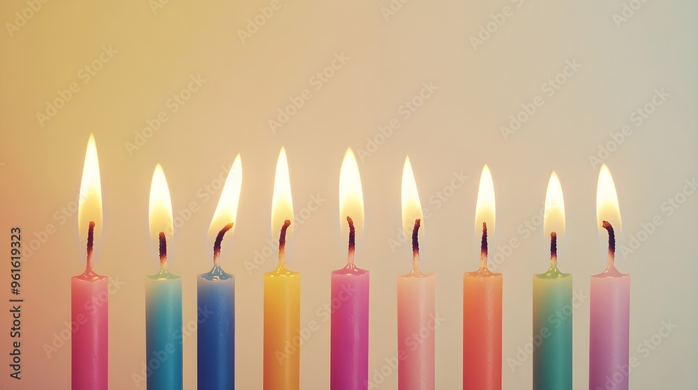 Colorful birthday candles arranged in a semi-circle, flickering flames, against a light pastel background Colorful birthday candles arranged in a semi-circle, flickering flames, against a light pastel background