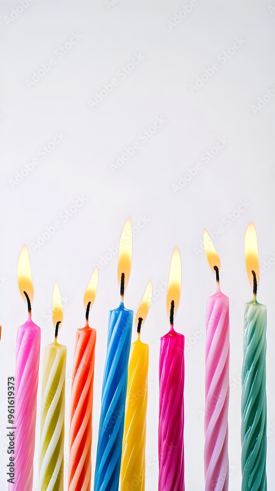 A collection of birthday candles of various heights and colors, with room for text, on a light background A collection of birthday candles of various heights and colors, with room for text, on a light background
