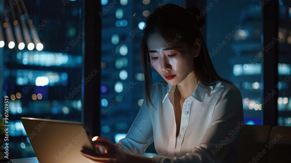 professional asian businesswoman working late at night with a laptop and mobile phone in a dark office setting focusing on executive tasks and business tech usage professional asian businesswoman working late at night with a laptop and mobile phone in a dark office setting focusing on executive tasks and business tech usage