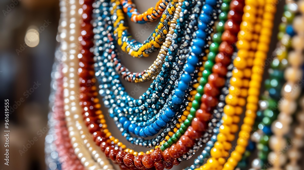 Colorful beads arranged in beautiful layers create an eye-catching display of elegance and craftsmanship. Colorful beads arranged in beautiful layers create an eye-catching display of elegance and craftsmanship.