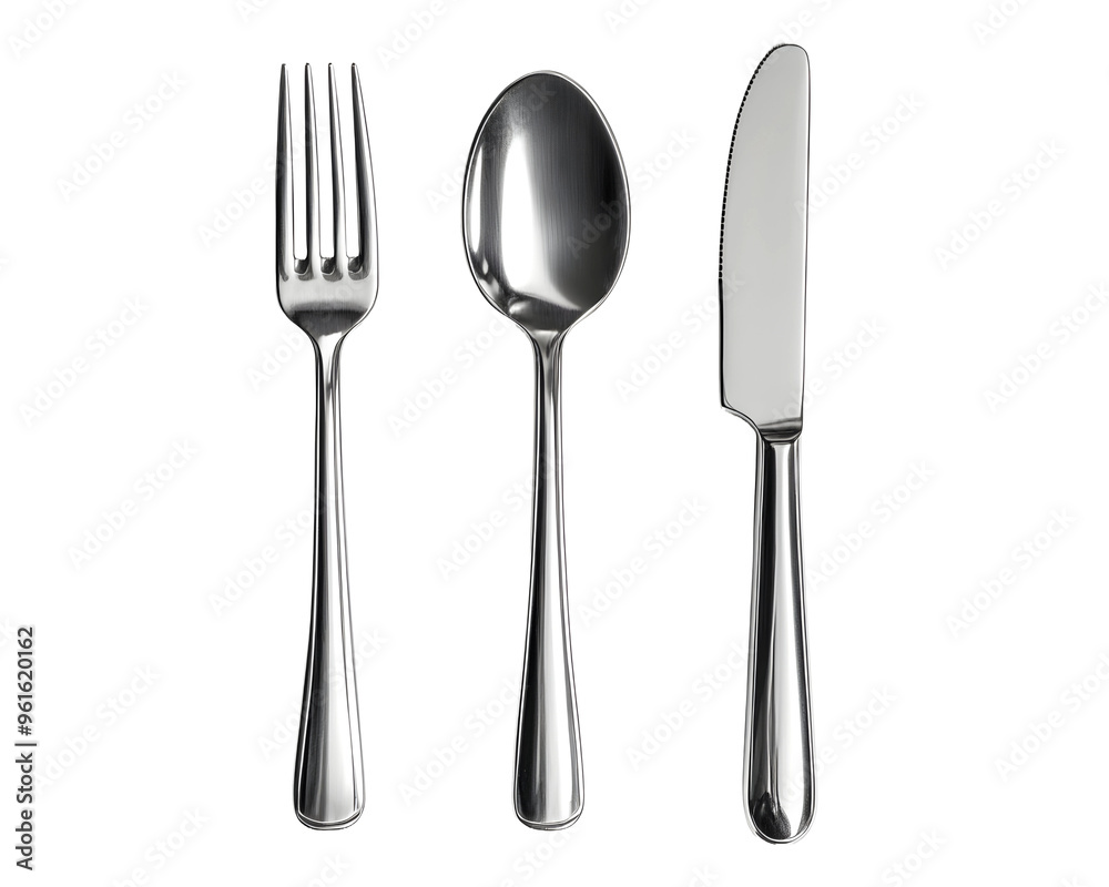 Set of Stainless Steel Cutlery: Spoon, Fork, and Knife, Isolated on a Transparent PNG Background Set of Stainless Steel Cutlery: Spoon, Fork, and Knife, Isolated on a Transparent PNG Background