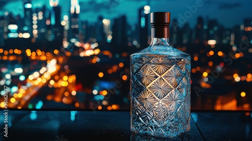 Urban Elegance - Modern Vodka Bottle with Geometric Etchings under City Lights