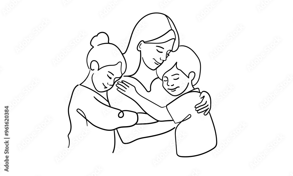 Mother and two chieldrens continuous line art drawing isolated on white background. Mothers day. Vector illustration Mother and two chieldrens continuous line art drawing isolated on white background. Mothers day. Vector illustration