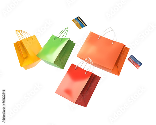 Shopping in Motion: Flying Shopping Bags and Credit Card, A Burst of Consumerism, Isolated on a Transparent PNG Background   