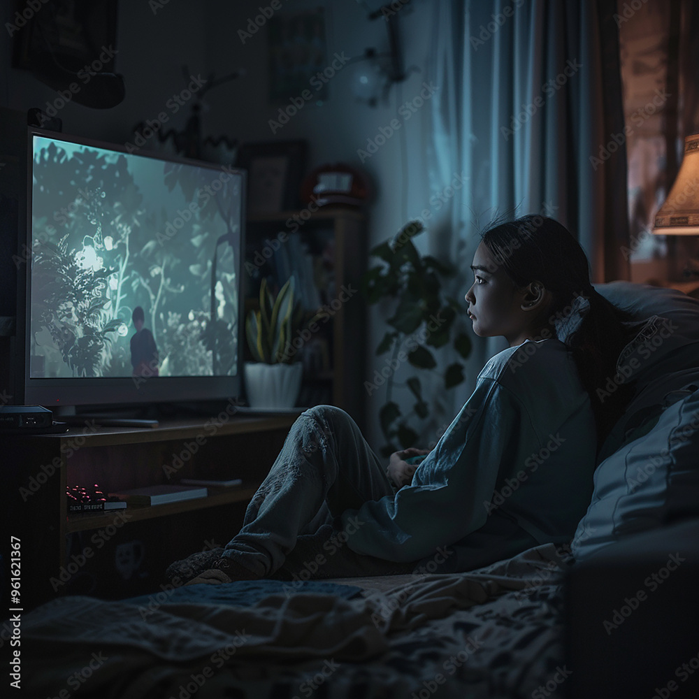 A little girl watches a horror movie alone at home in her room on TV.