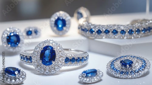 Elegant sapphire jewelry set featuring rings, bracelets, and earrings adorned with sparkling diamonds, perfect for any occasion.
