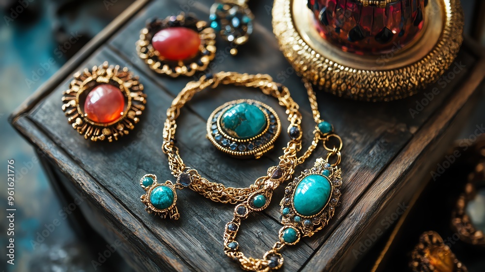 Obraz premium Elegant vintage jewelry collection featuring turquoise and red stones, beautifully arranged on a wooden surface.
