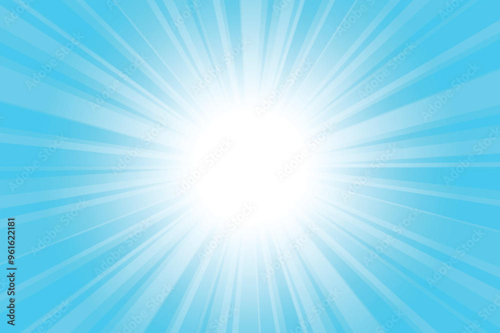 Abstract glowing blue sunburst background. Vivid sky blue glow effect sunburst background for presentation, banner, poster, flyer, sales. Modern pop art poster for summer and spring.