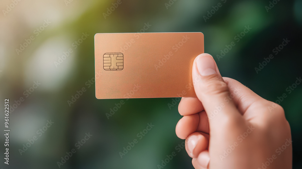 Close-up of a hand holding a credit card, sale banners reflected in the card’s surface, Shopping readiness, Consumer spending focus. Close-up of a hand holding a credit card, sale banners reflected in the card’s surface, Shopping readiness, Consumer spending focus.