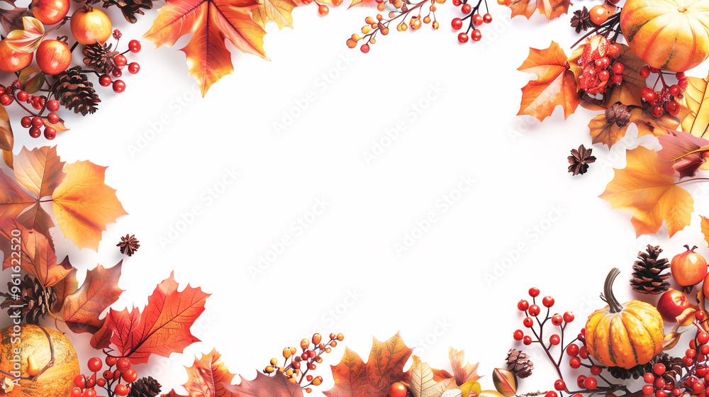 Fototapeta premium Thanksgiving seasonal template design with pumpkins and Fall decorations in orange color tone on white plain background with copy space for text.