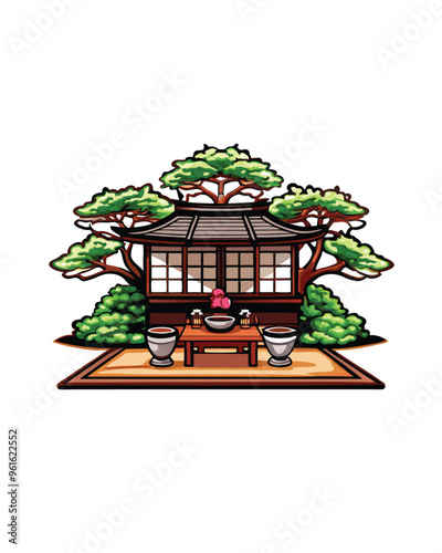 Editable stroke vector of a traditional Japanese tea house with trees and a table.