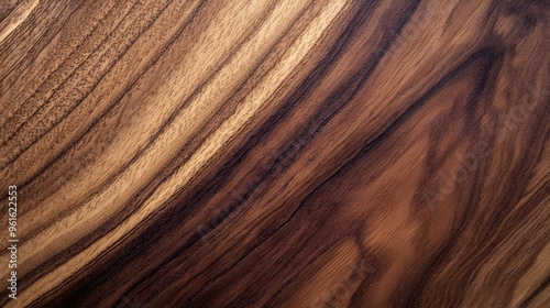 A close-up view of a finely grained walnut wood texture, showcasing its rich brown hues against a light solid color background photo