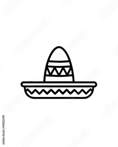 Editable stroke vector of a traditional Mexican sombrero, a wide-brimmed hat with a conical crown, decorated with intricate patterns.