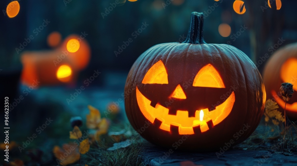Smiling jack-o-lantern glowing among fall foliage. Smiling jack-o-lantern glowing among fall foliage.