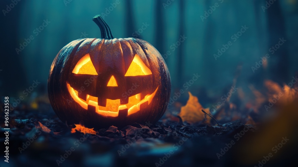 Fototapeta premium Glowing Jack-o'-lantern in a foggy forest surrounded by leaves.