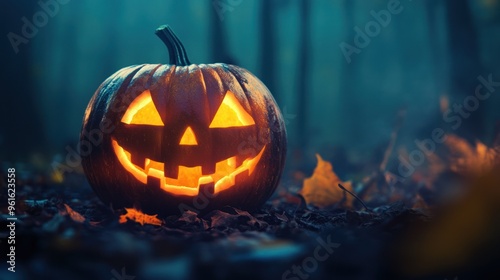 Wallpaper Mural Glowing Jack-o'-lantern in a foggy forest surrounded by leaves. Torontodigital.ca