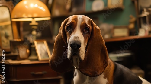 A basset hound gazes thoughtfully in a cozy, vintage room filled with framed photos. photo