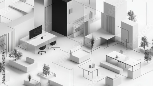 Flexible workspaces stock illustration using low poly 3D elements 