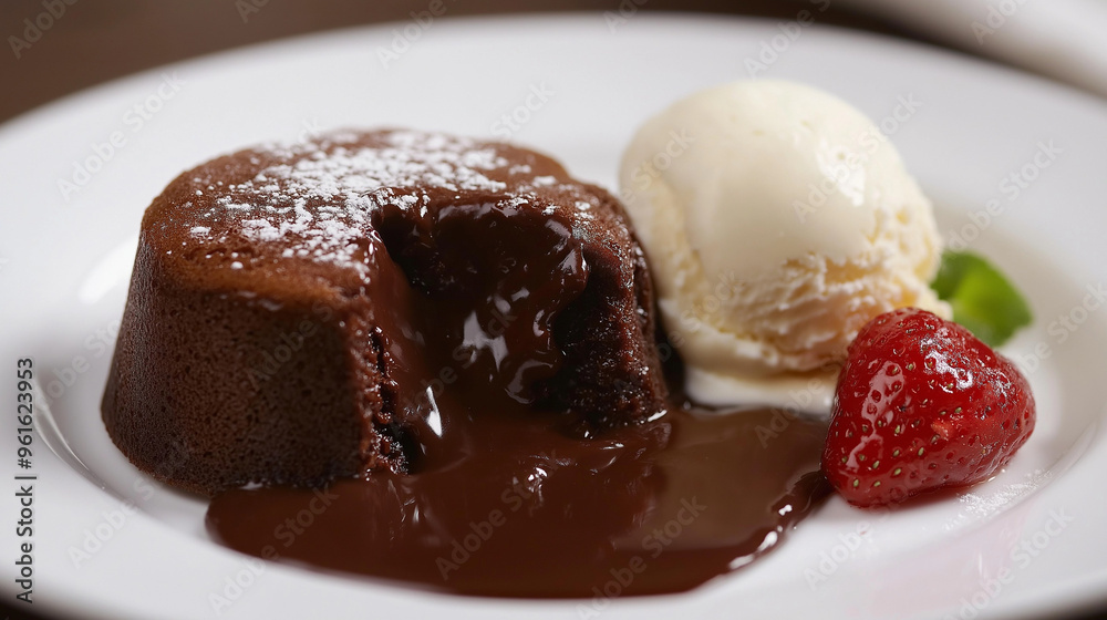 Close-up of chocolate lava cake with a gooey, molten center, served on a white plate with a scoop of vanilla ice cream Close-up of chocolate lava cake with a gooey, molten center, served on a white plate with a scoop of vanilla ice cream