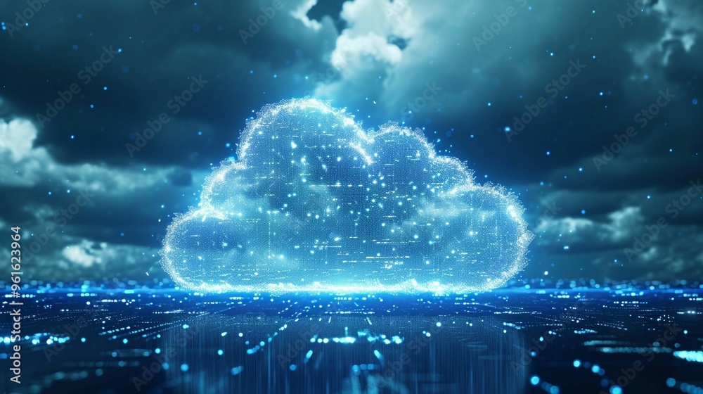 Digital cloud loaded with data particles over a futuristic cityscape under dark clouds at twilight Digital cloud loaded with data particles over a futuristic cityscape under dark clouds at twilight
