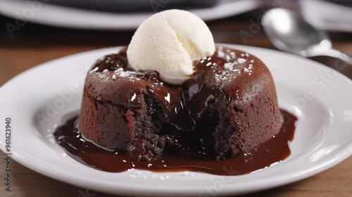 Close-up of chocolate lava cake with a gooey, molten center, served on a white plate with a scoop of vanilla ice cream