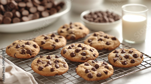 Baking scene with chocolate chip cookies cooling on a rack, with a bowl of chocolate chips and a glass of milk nearby