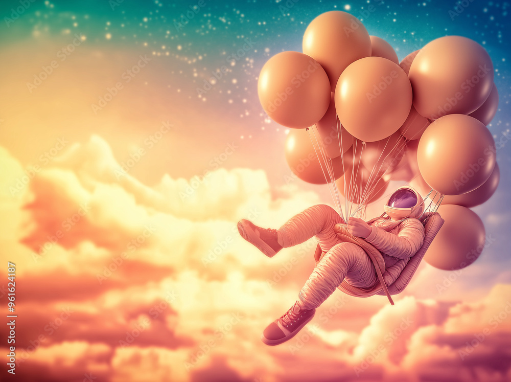 Naklejka premium A playful, colorful concept featuring an astronaut cyborg in a space suit, floating among balloons. An abstract, pastel-themed party scene.