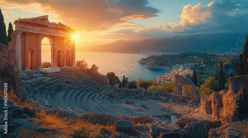  Ancient amphitheater at sunset overlooking the sea, combining history, nature, and breathtaking views in a serene setting.