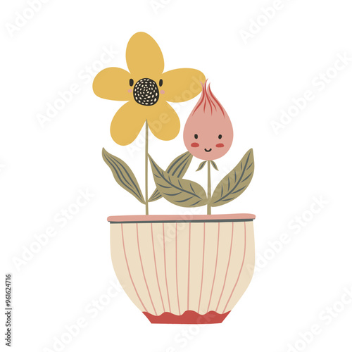 Cute baby flower in plant pot in kawaii cartoon style. Hand drawn vector doodle childish illustration. Isolated simple drawing for kid-friendly graphic and babyish book or card designs.