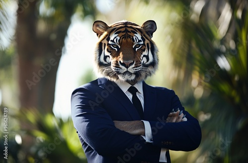 A businessman with a tiger head poses confidently outdoors during sunset in a woodland setting, showcasing a blend of human and animal characteristics photo