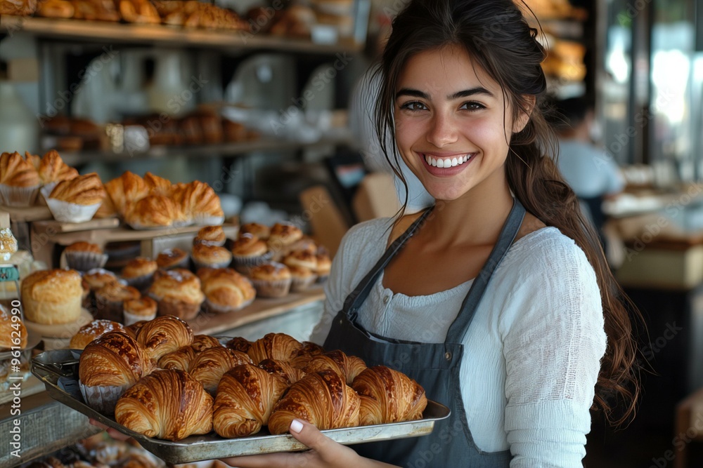 Female baker presenting the various pastries Female baker presenting the various pastries