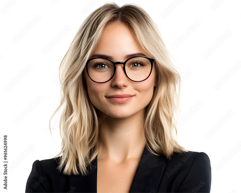 Young Adult Stylish Blonde European Businesswoman, Confident and Smiling, Wearing Glasses, Isolated on a Transparent PNG Background Young Adult Stylish Blonde European Businesswoman, Confident and Smiling, Wearing Glasses, Isolated on a Transparent PNG Background