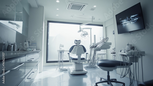 Japanese dentist, using high-tech equipment for a dental procedure in a sleek, urban office.