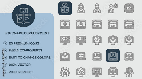 Software Development Icons set. Vector illustration in modern thin line style of business related icons: teamwork, documents, devices, and more. Pictograms and infographics for mobile apps.