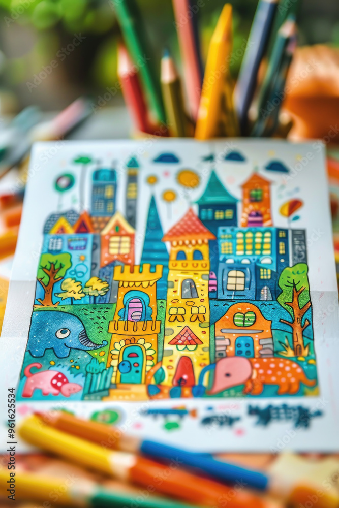 Fototapeta premium Colorful Art of Whimsical Town Featuring Animals and Buildings