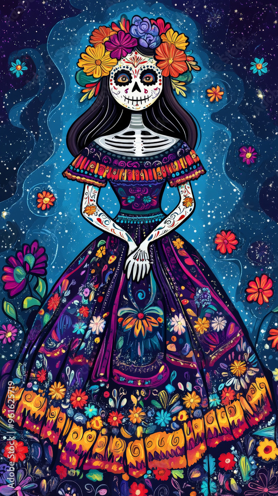 Obraz premium Traditional Costumed Figurine Adorned with Flowers for Day of the Dead 
