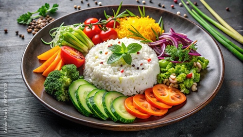 tender rice, succulent protein, and fresh vegetables beautifully arranged on a sleek, modern plate with garnishes. photo