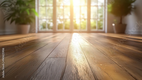  Warm sunlight streaming onto a wooden floor through a large window, creating a cozy, peaceful living space. photo