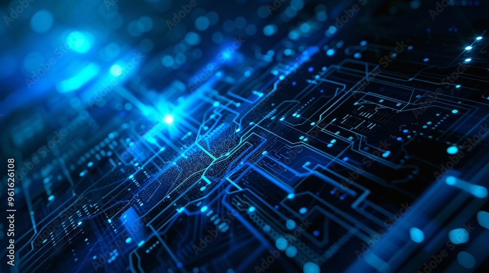 Abstract blue circuitry design with glowing lights illustrating technology and innovation Abstract blue circuitry design with glowing lights illustrating technology and innovation