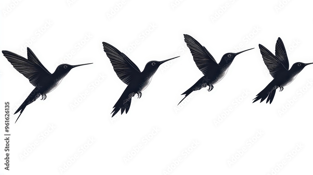 Obraz premium Silhouettes of four hummingbirds in flight, showcasing their agility and grace against a simple white background.