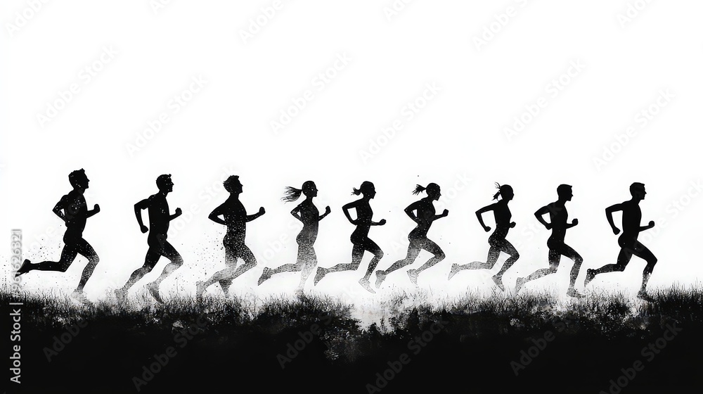 Group of runners in silhouette, moving in sync, representing teamwork, fitness, and collective determination. Group of runners in silhouette, moving in sync, representing teamwork, fitness, and collective determination.